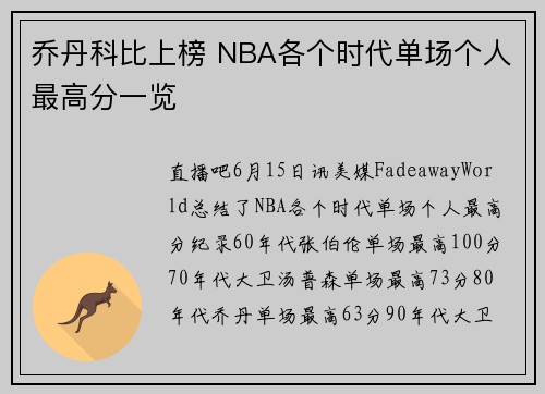 乔丹科比上榜 NBA各个时代单场个人最高分一览