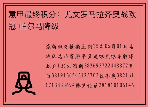 意甲最终积分：尤文罗马拉齐奥战欧冠 帕尔马降级